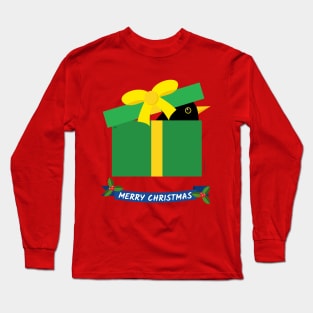 Cute Blackbird Peeking Out Of A Gift Box - MERRY CHRISTMAS Long Sleeve T-Shirt
